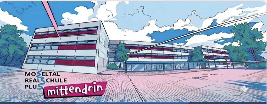 Zeichnung des Schulgebäudes der Moseltal Realschule plus mit Schulhof